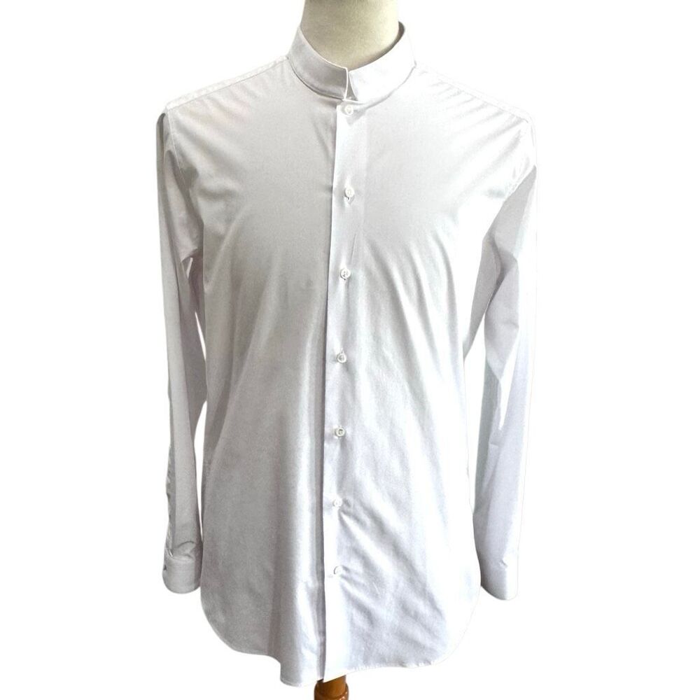 Sene White Mandarin Collar Dress Shirt. White. Size 17.5